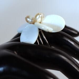 Chunky Flower Ring White Ocean Shell Petals And Pearly Beads Adjustable Band
